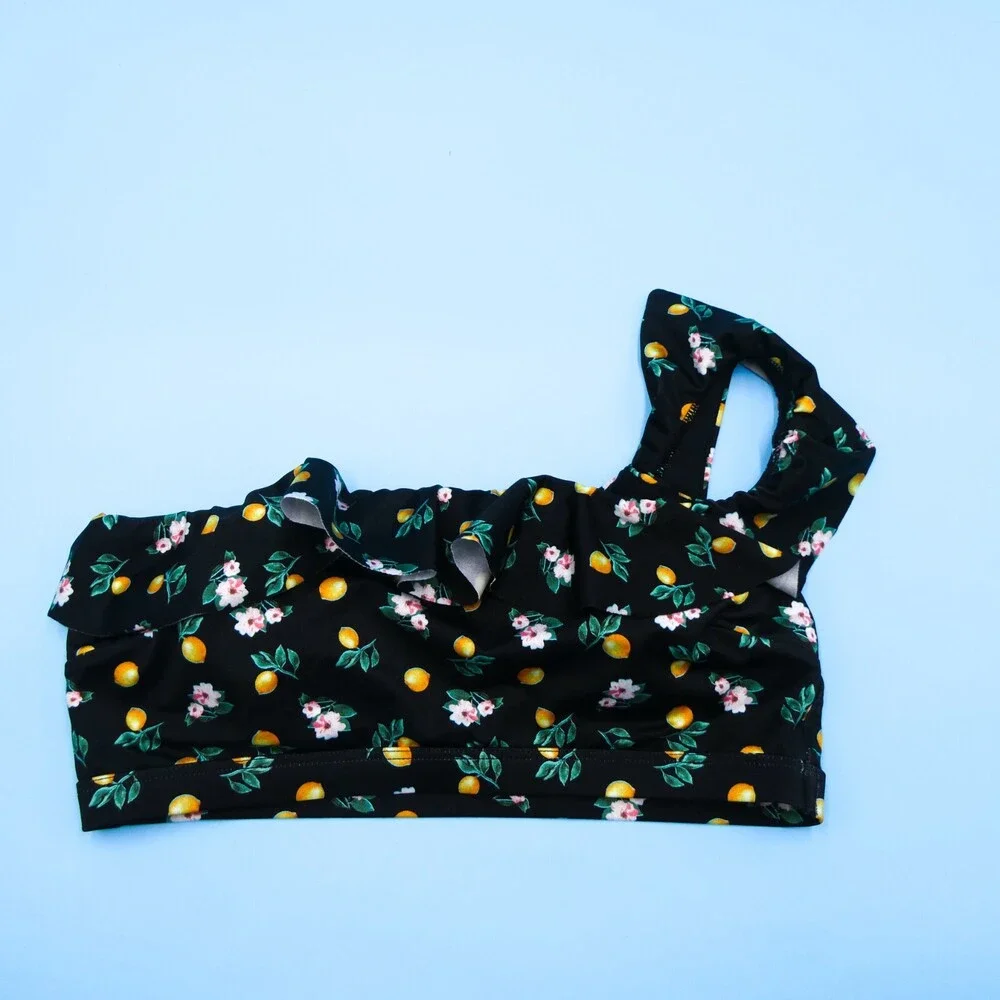 Victorias Secret Small Black‎ Floral Single Shoulder Wide Strap Bikini Top Swim